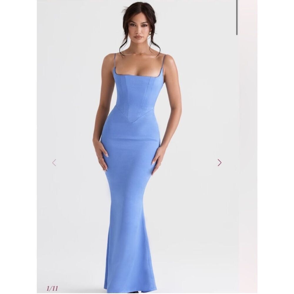 House Of Cb Olivette Periwinkle Satin Maxi Blue Dress Corset $285